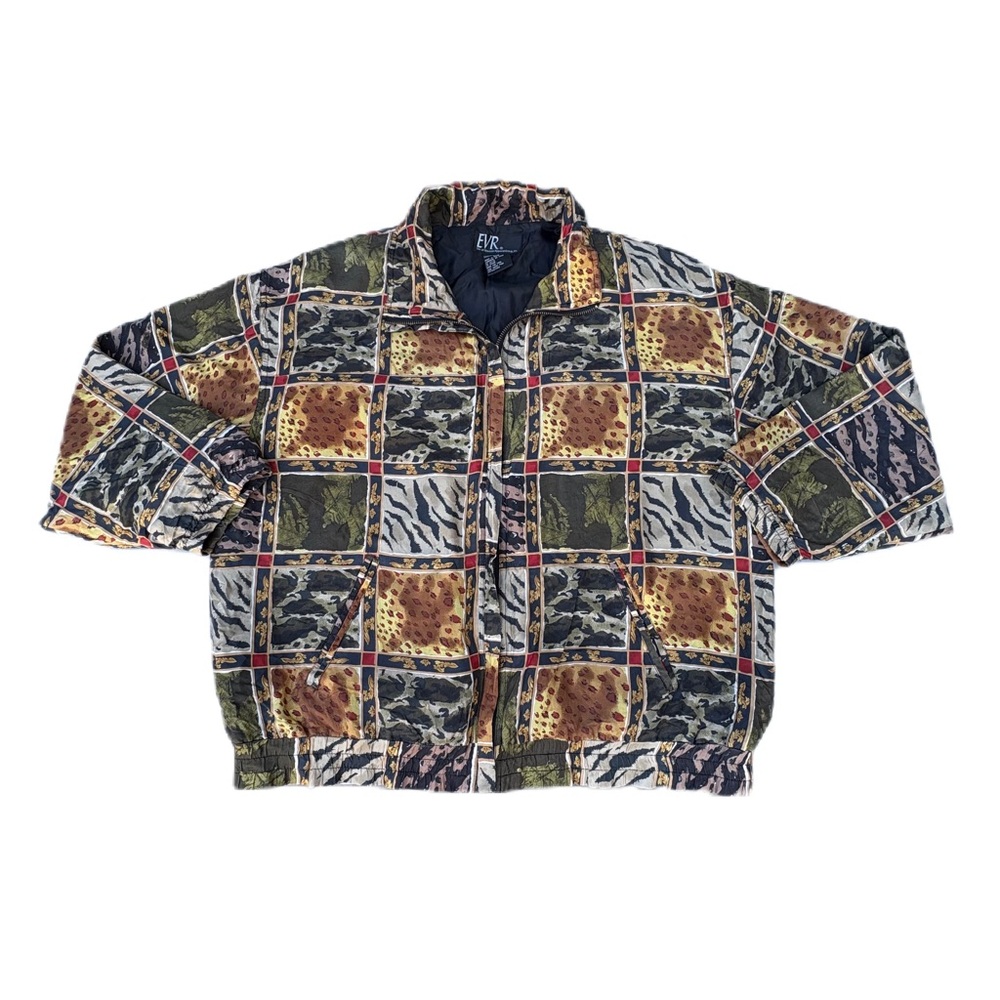 Vintage 90s EVR Rousso Silk Safari Animal Print Checkered Cheetah Zip Up Jacket
